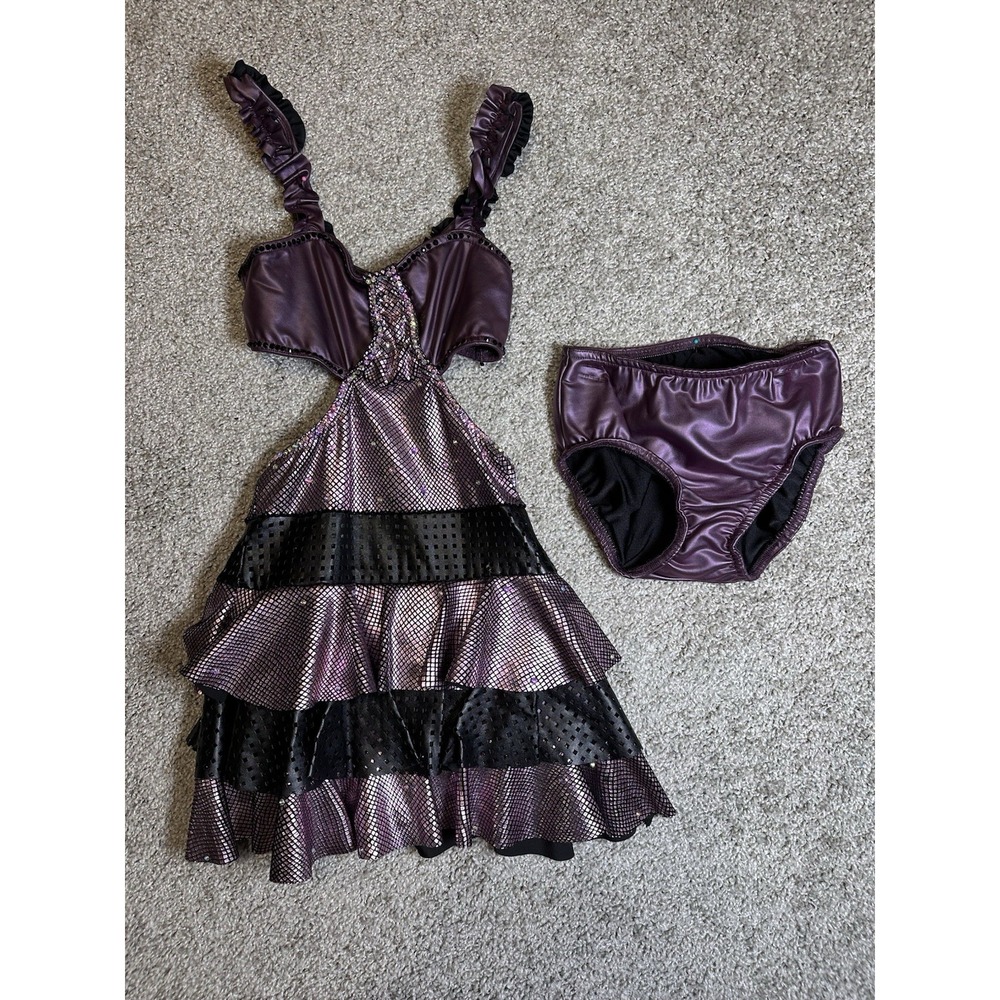 Reverence YL Youth Large Purple Black Rhinestone Jazz Dance Costume Dress Briefs